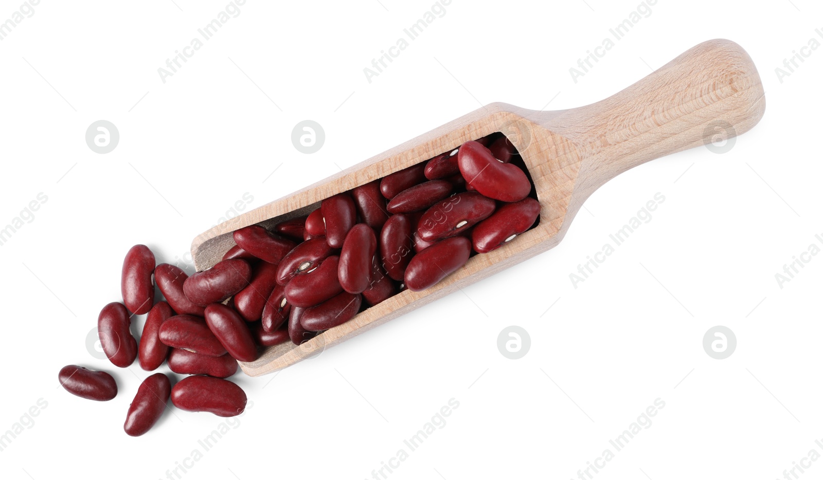 Photo of Dried red beans in scoop isolated on white, top view