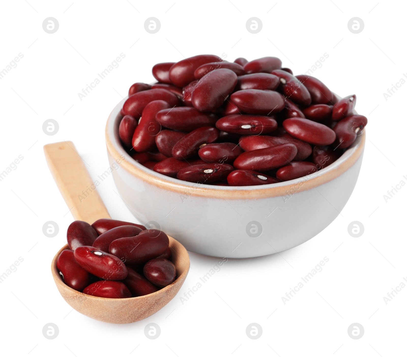 Photo of Dried red beans in bowl and spoon isolated on white