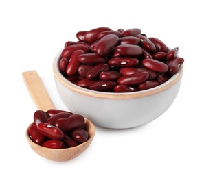 Dried red beans in bowl and spoon isolated on white