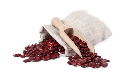 Dried red beans in burlap with scoop isolated on white