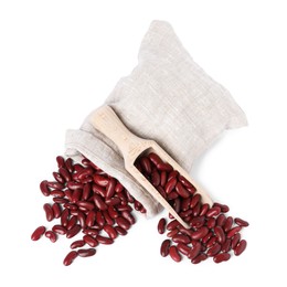 Photo of Dried red beans in burlap with scoop isolated on white, top view