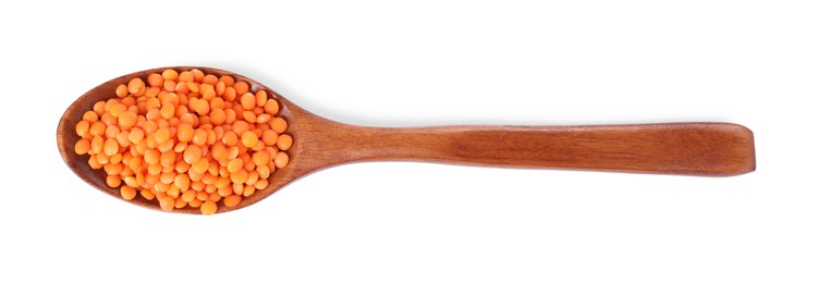 Raw lentils in spoon isolated on white, top view