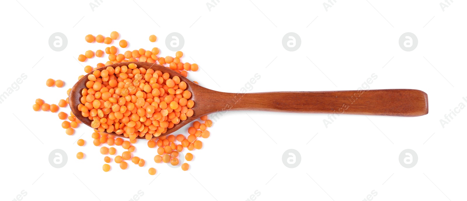 Photo of Raw lentils in spoon isolated on white, top view