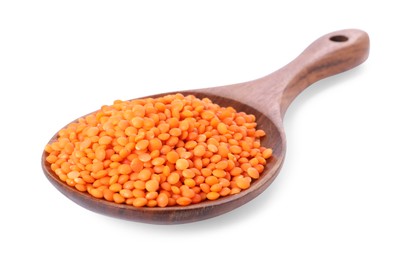 Photo of Raw lentils in spoon isolated on white