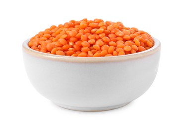 Photo of Raw lentils in bowl isolated on white