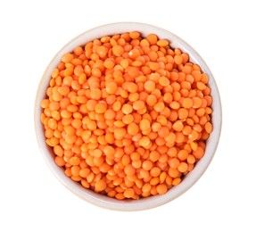 Photo of Raw lentils in bowl isolated on white, top view