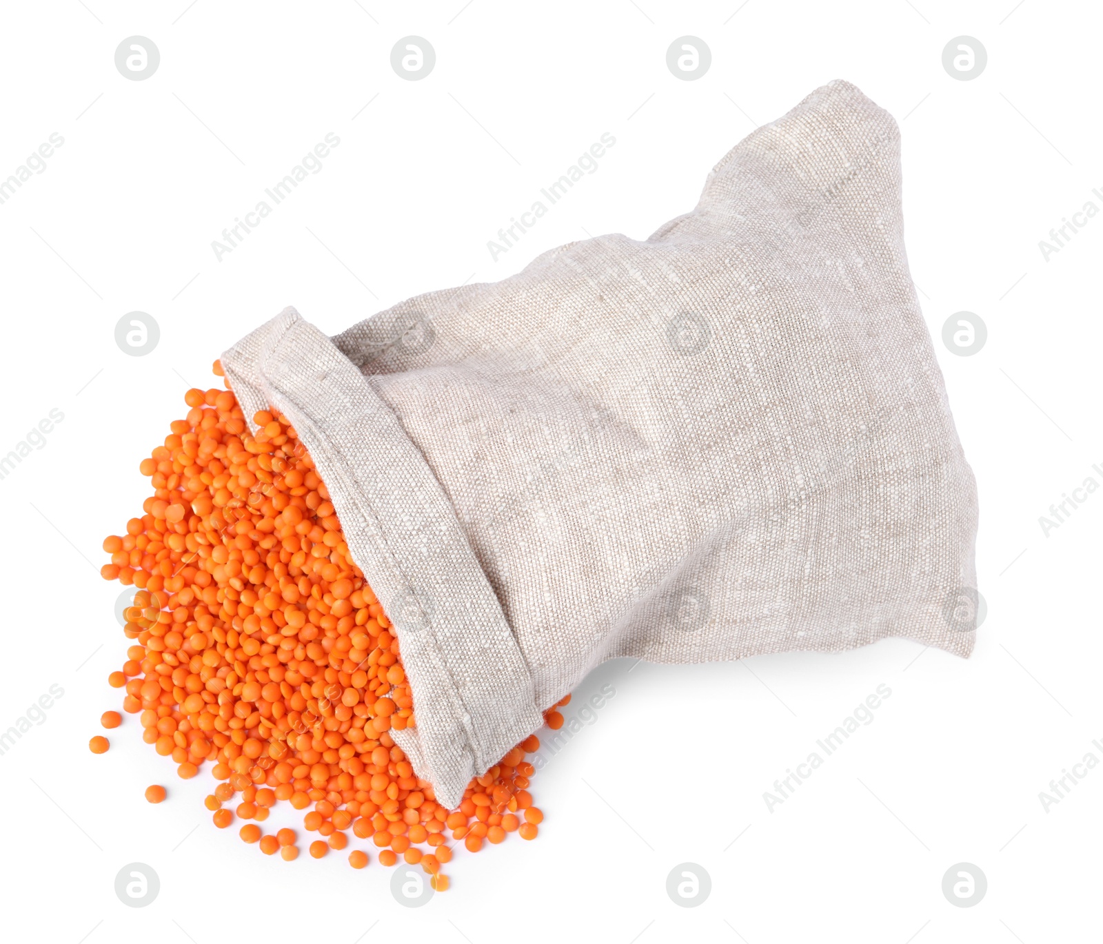 Photo of Raw lentils in burlap isolated on white, top view