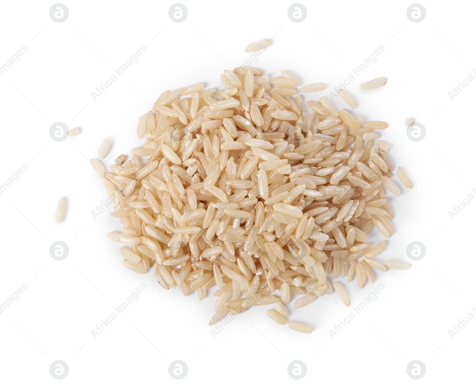 Photo of Pile of raw rice isolated on white, top view