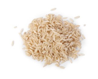 Photo of Pile of raw rice isolated on white, top view