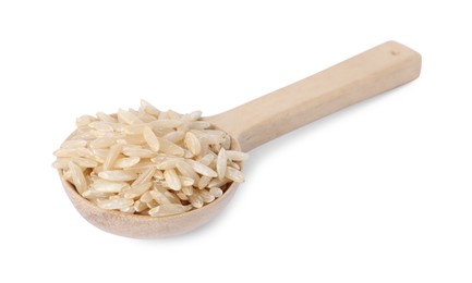 Photo of Raw rice in wooden spoon isolated on white