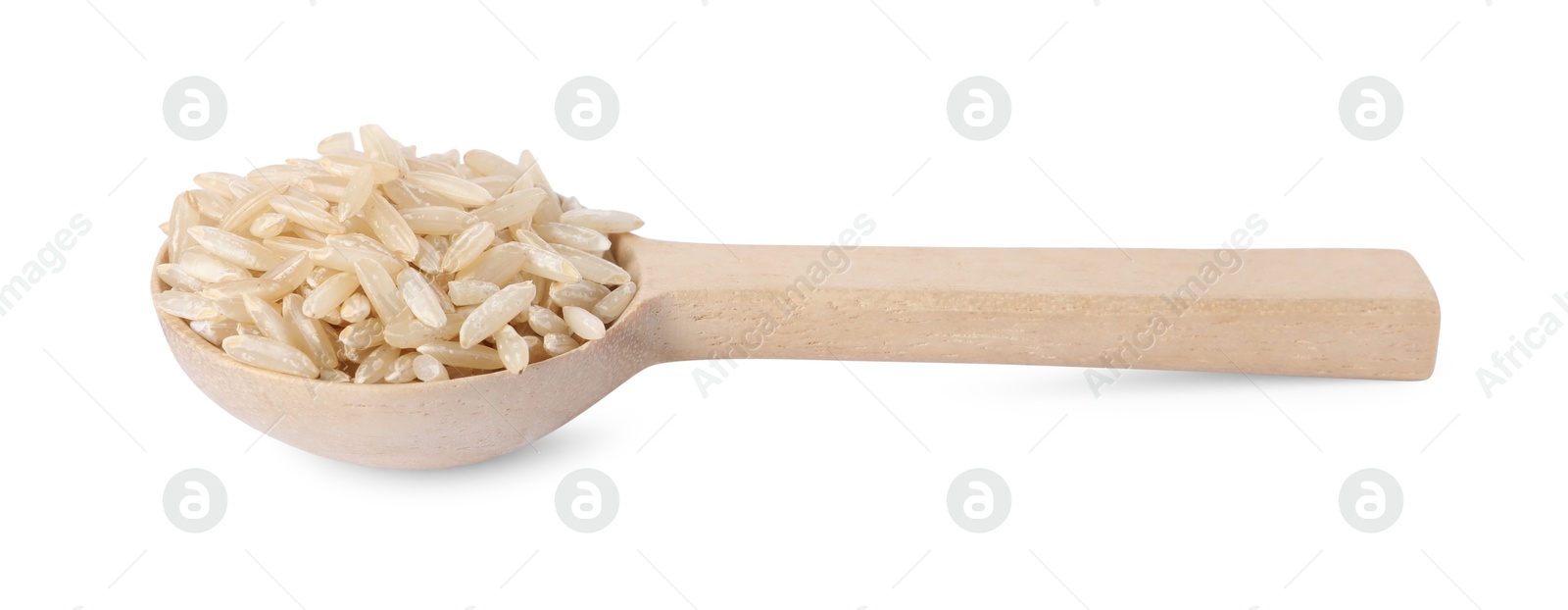 Photo of Raw rice in wooden spoon isolated on white