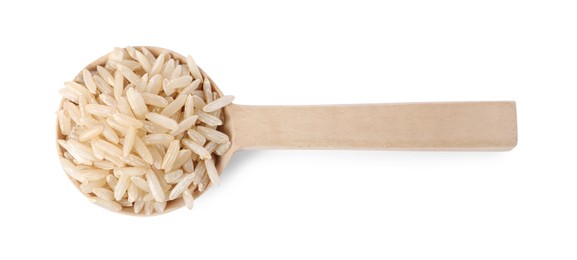 Raw rice in wooden spoon isolated on white, top view