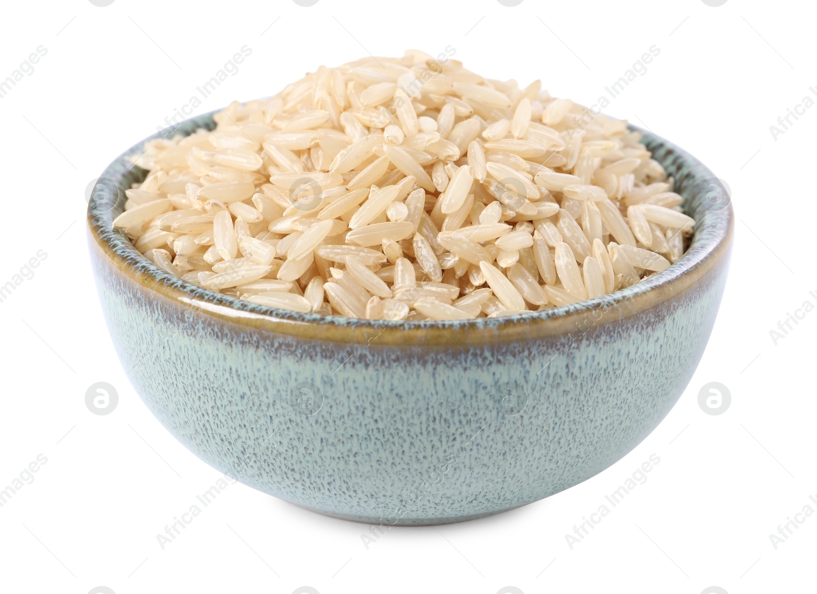 Photo of Raw rice in bowl isolated on white