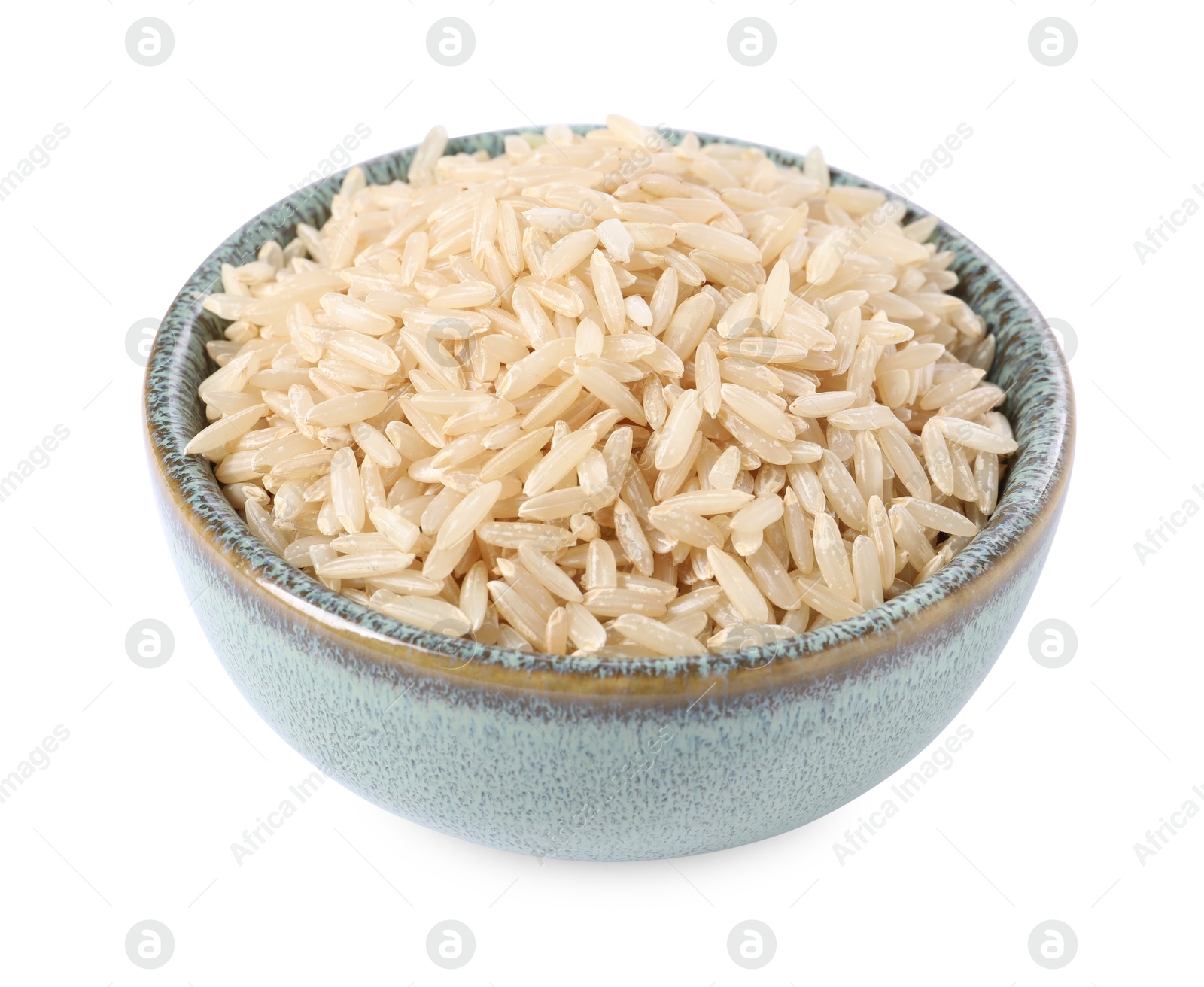 Photo of Raw rice in bowl isolated on white