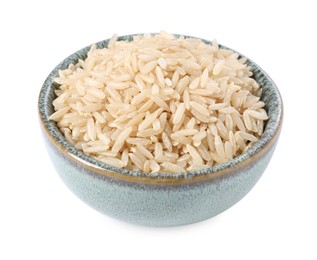 Photo of Raw rice in bowl isolated on white