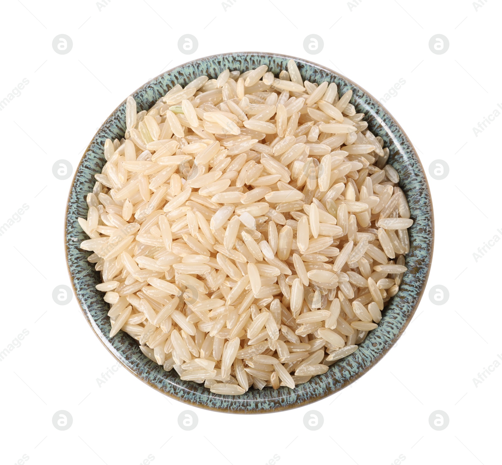 Photo of Raw rice in bowl isolated on white, top view