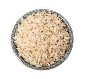 Raw rice in bowl isolated on white, top view