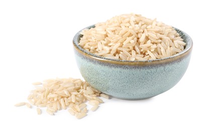 Photo of Raw rice in bowl isolated on white