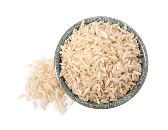 Photo of Raw rice in bowl isolated on white, top view