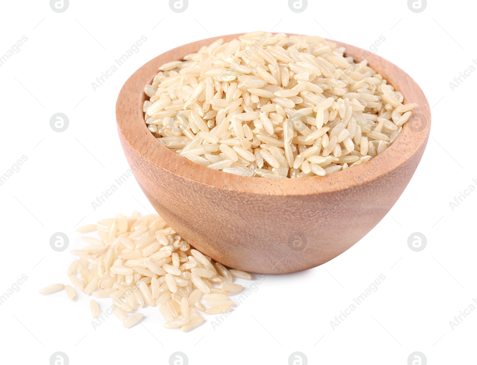 Photo of Raw rice in bowl isolated on white