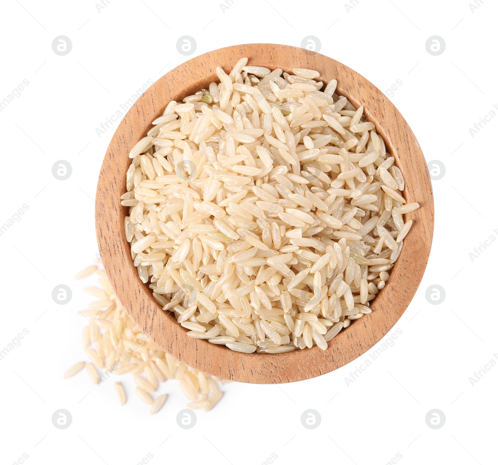 Photo of Raw rice in bowl isolated on white, top view