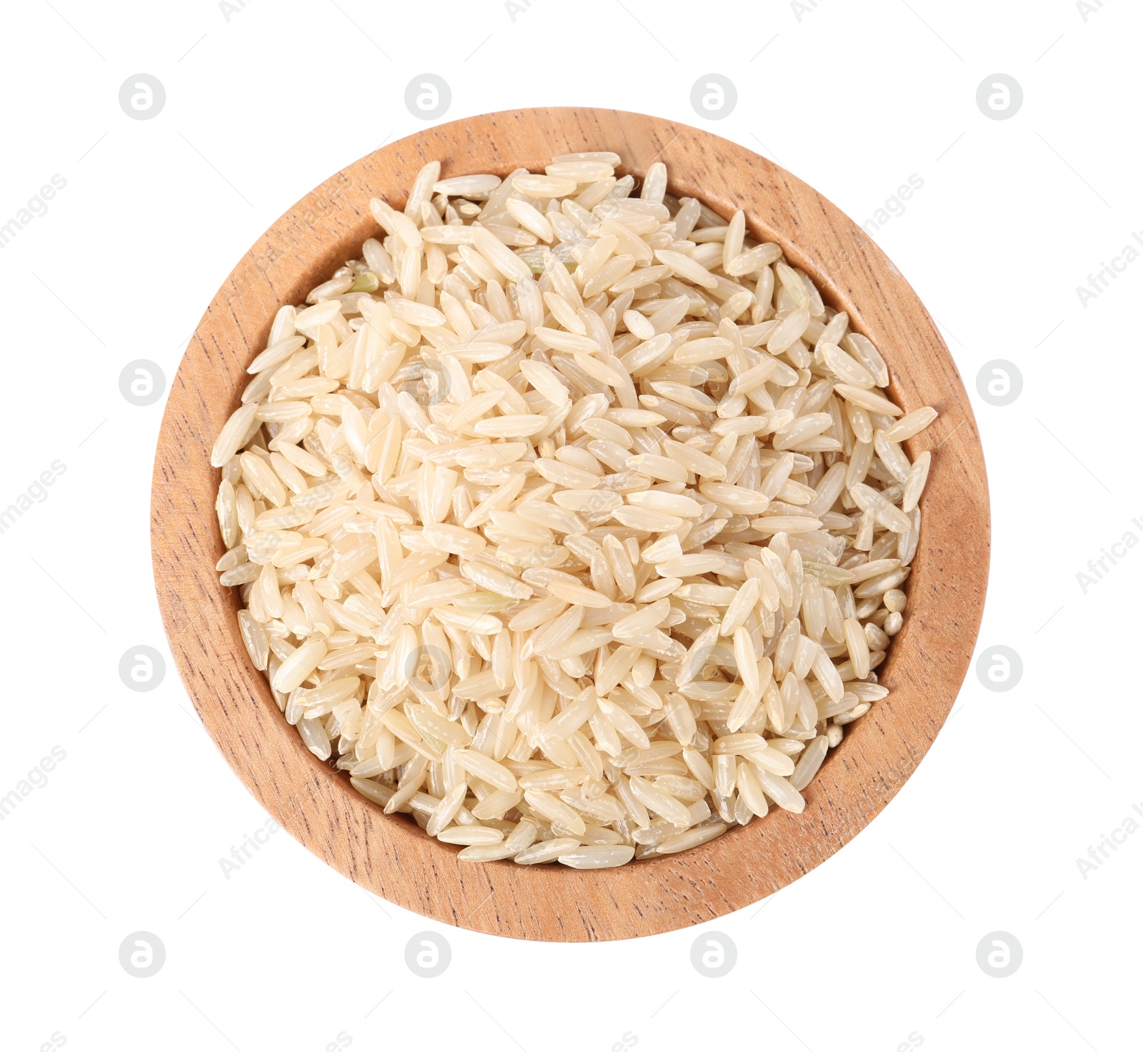 Photo of Raw rice in bowl isolated on white, top view