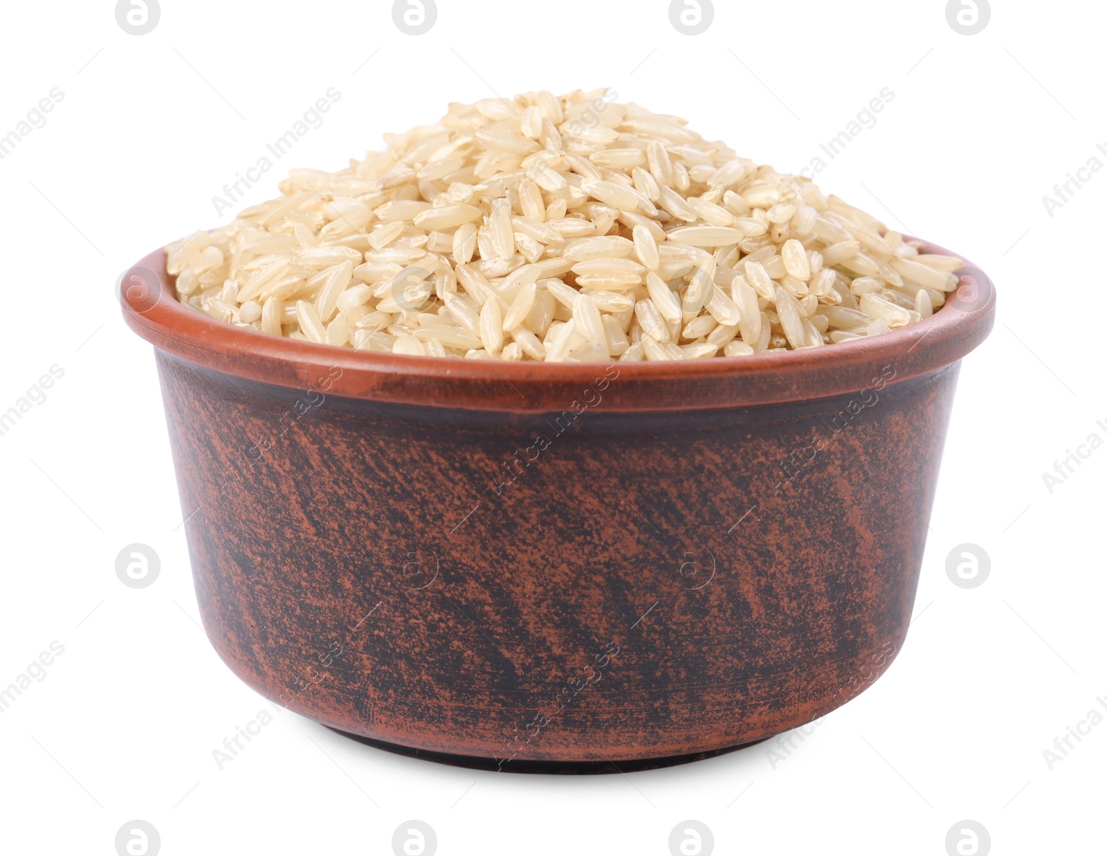 Photo of Raw rice in bowl isolated on white