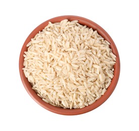 Photo of Raw rice in bowl isolated on white, top view