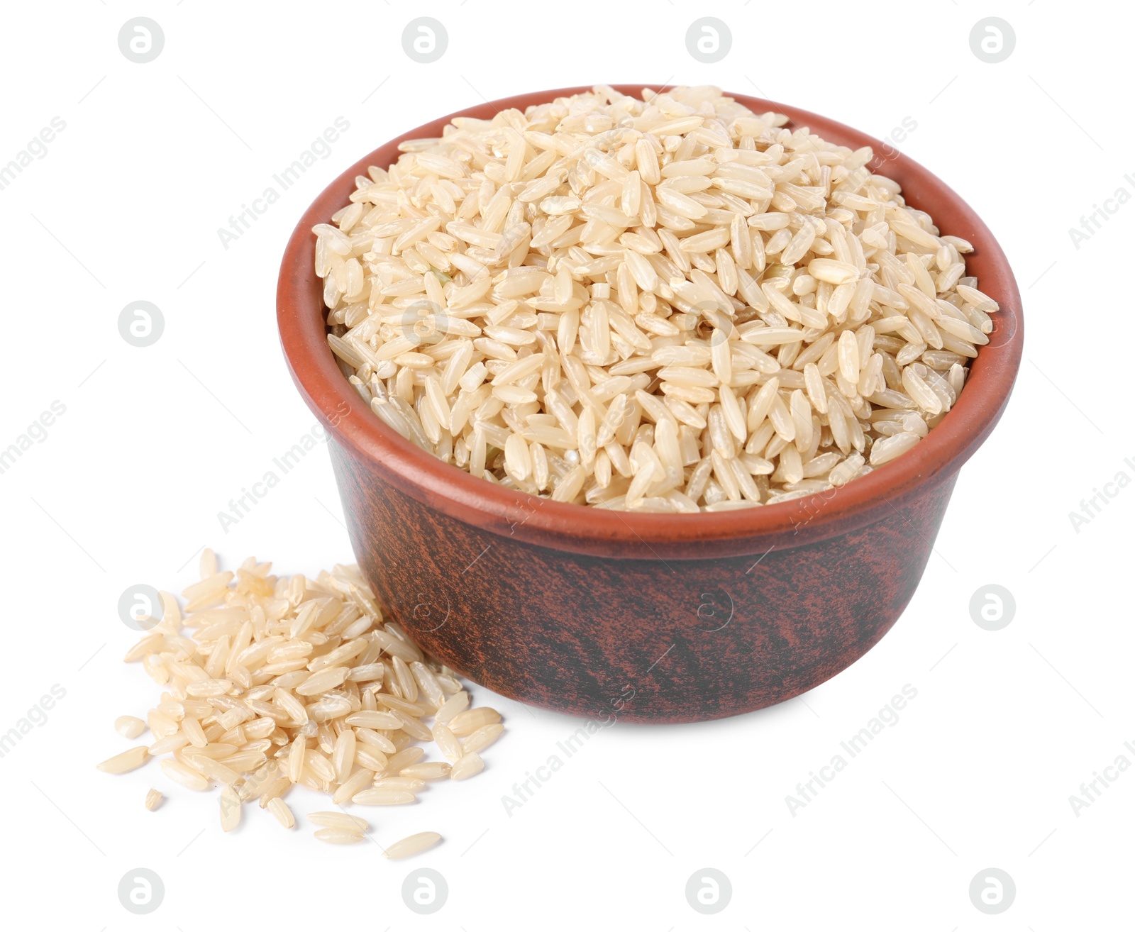 Photo of Raw rice in bowl isolated on white