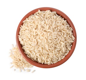 Photo of Raw rice in bowl isolated on white, top view