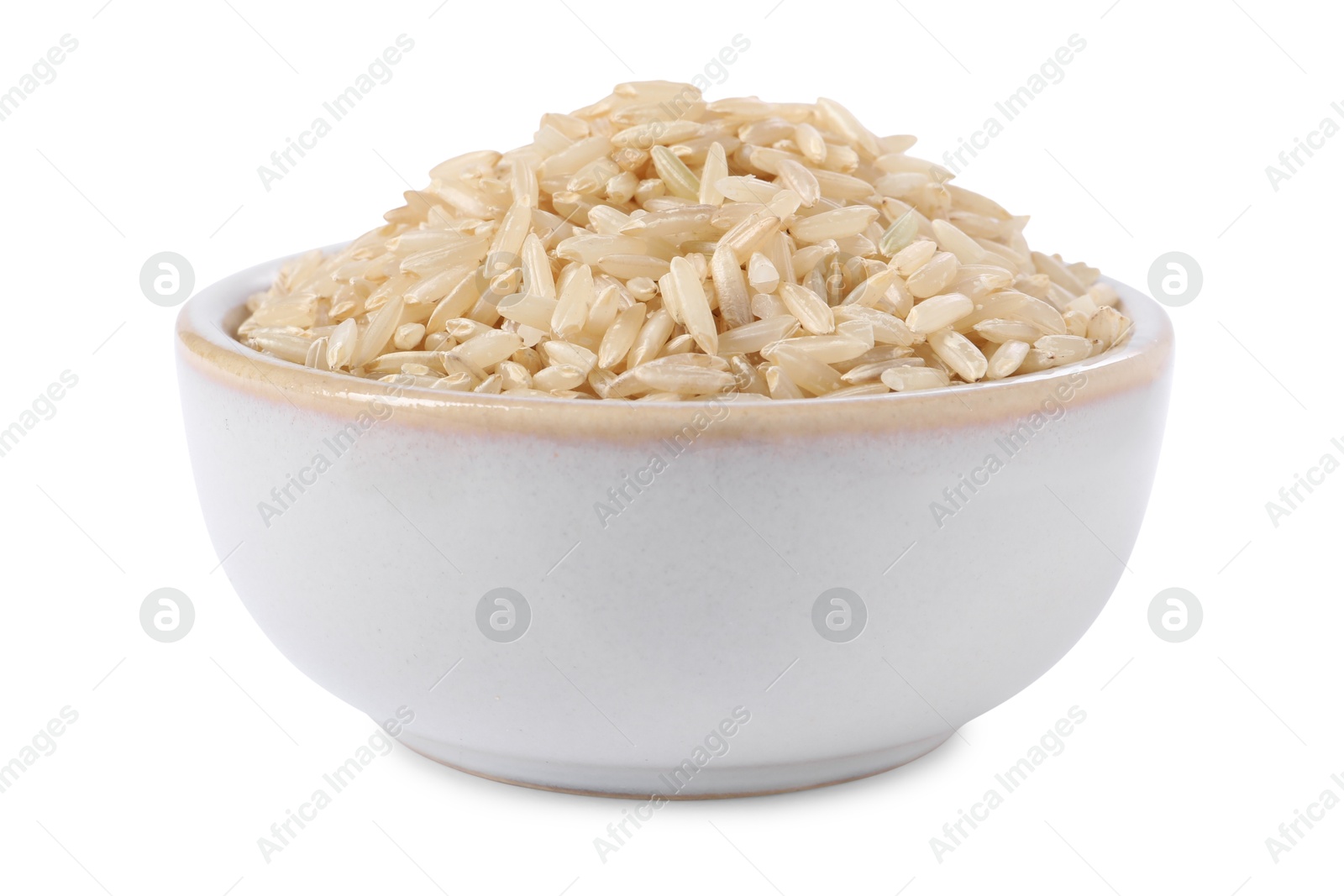 Photo of Raw rice in bowl isolated on white