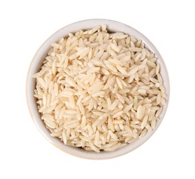 Photo of Raw rice in bowl isolated on white, top view