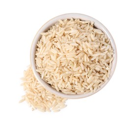 Photo of Raw rice in bowl isolated on white, top view