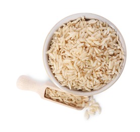 Photo of Raw rice in bowl and scoop isolated on white, top view