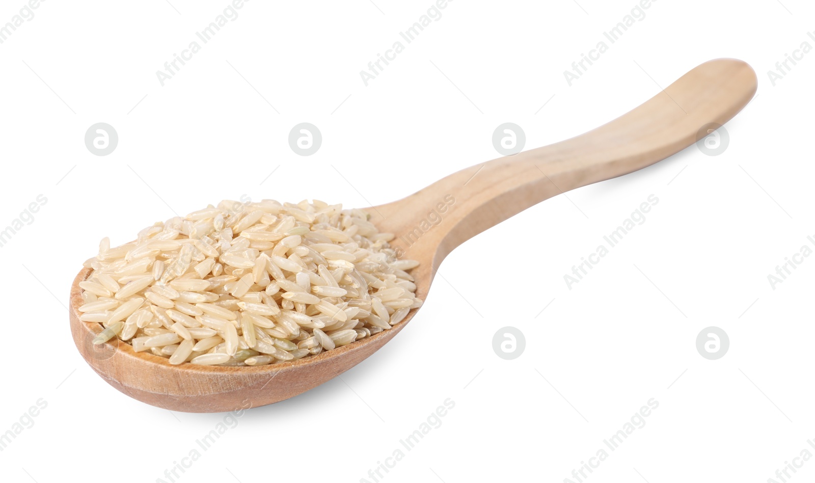 Photo of Raw rice in wooden spoon isolated on white