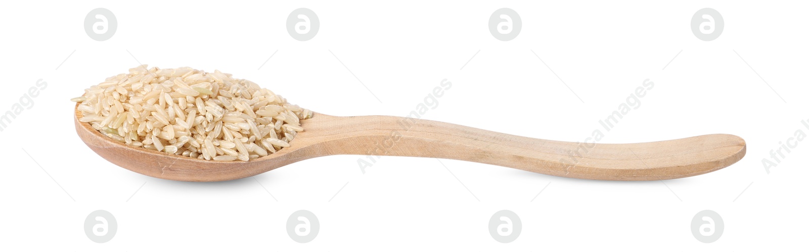 Photo of Raw rice in wooden spoon isolated on white