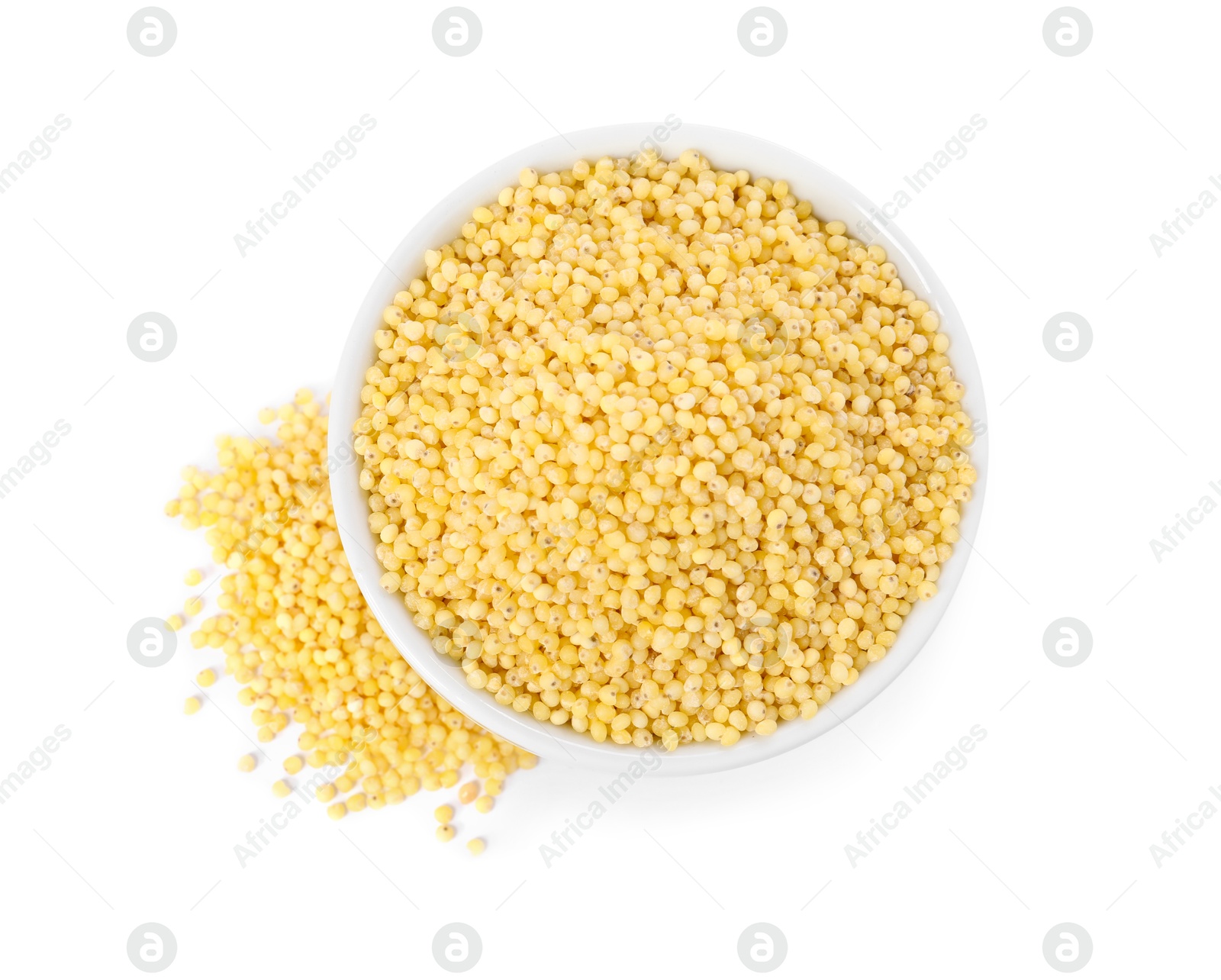 Photo of Millet groats in bowl isolated on white, top view