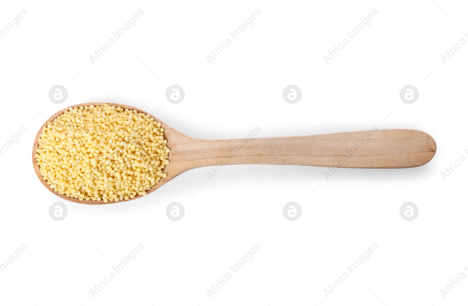 Photo of Millet groats in wooden spoon isolated on white, top view