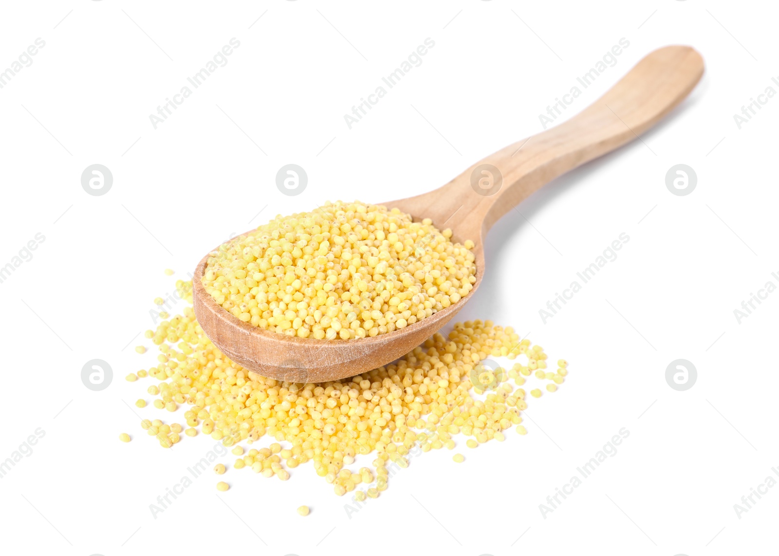 Photo of Millet groats in wooden spoon isolated on white