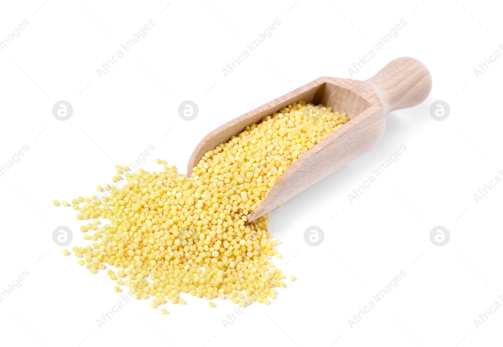 Photo of Millet groats in wooden scoop isolated on white