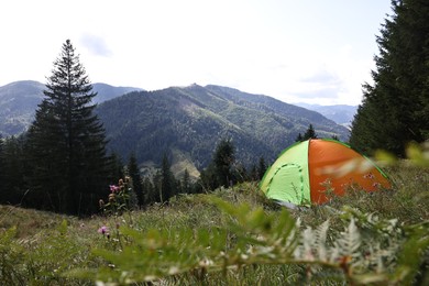 Photo of Camping tent on green grass in mountains