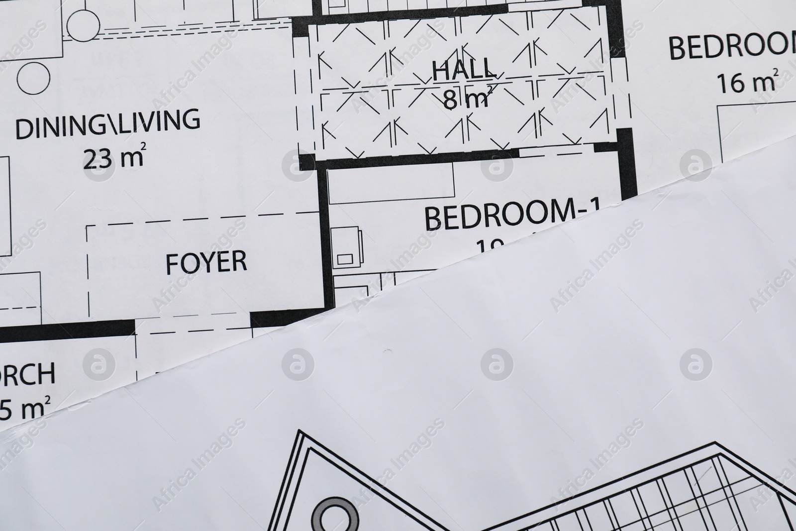 Photo of Different engineering drawings as background, top view