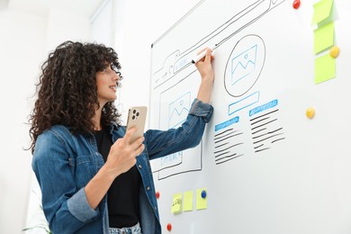 Developing UI design. Woman drawing website wireframe on whiteboard indoors