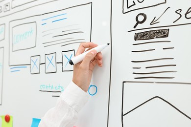 Developing UI design. Woman drawing website wireframe on whiteboard indoors, closeup