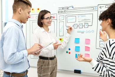 Developing UI design. People drawing website wireframe on whiteboard indoors