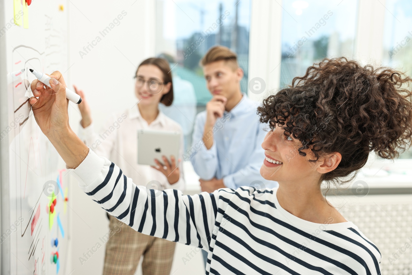 Photo of Developing UI design. People drawing website wireframe on whiteboard indoors