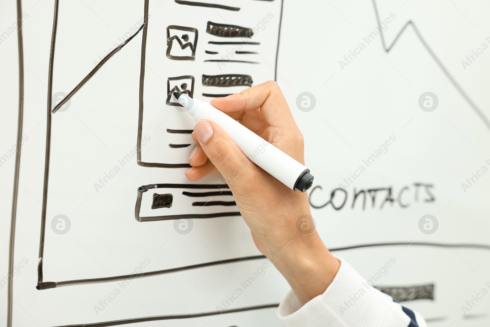 Photo of Developing UI design. Woman drawing website wireframe on whiteboard indoors, closeup