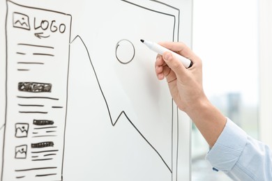 Developing UI design. Man drawing website wireframe on whiteboard indoors, closeup