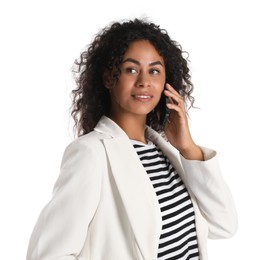 Beautiful woman in stylish jacket talking on smartphone against white background