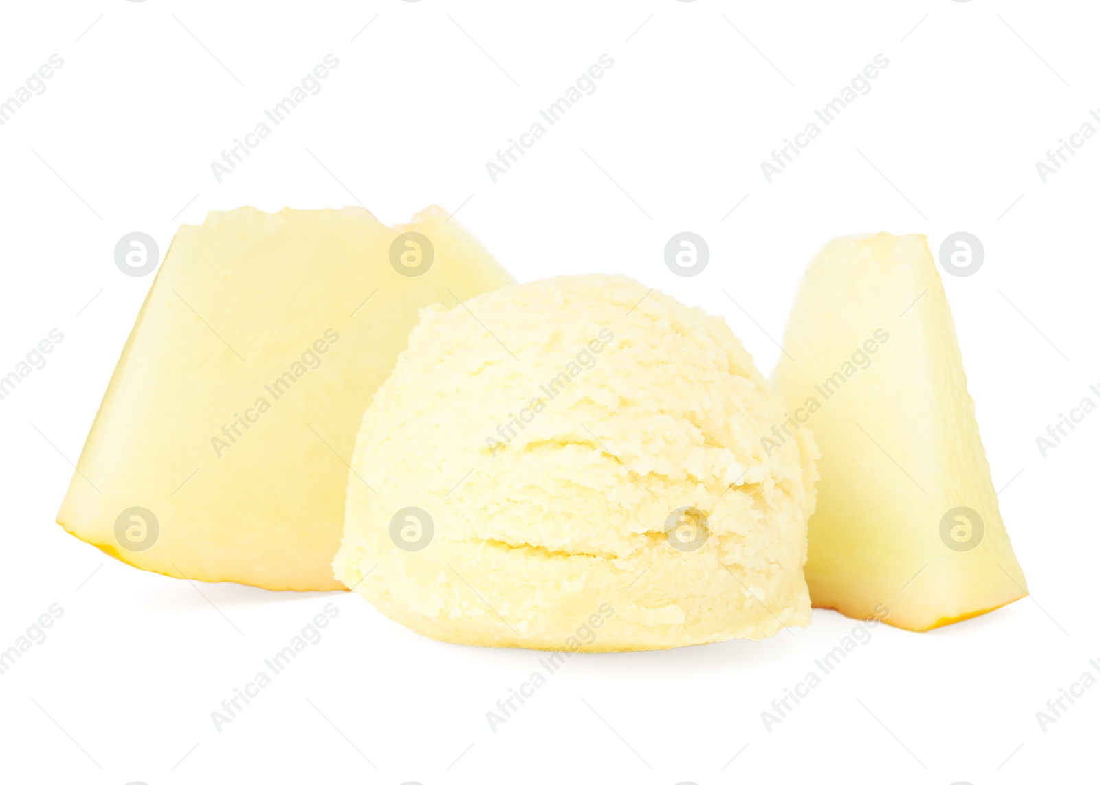 Photo of Tasty melon sorbet and pieces of fresh fruit isolated on white